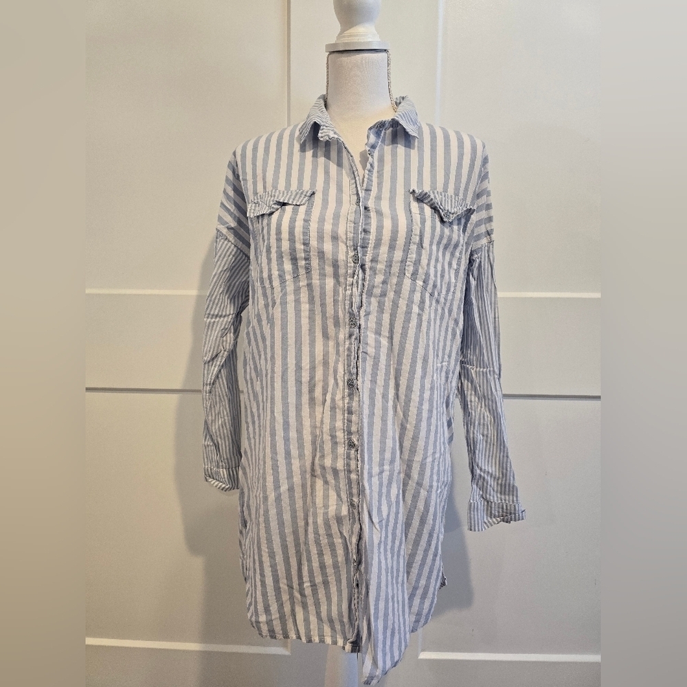 Blue and White Striped Button-Up Shirt